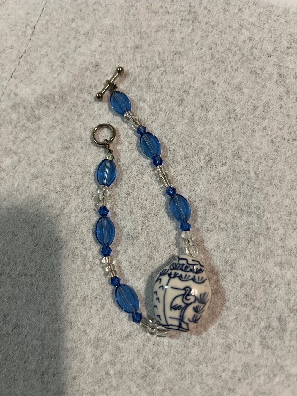 DELFT FLAMINGO CHINOISERIE CERAMIC Bracelet Blue White Bird Glass Beads STERLING
